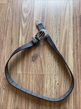 Black Western-Style Leather Belt with Ornate Silver Buckle